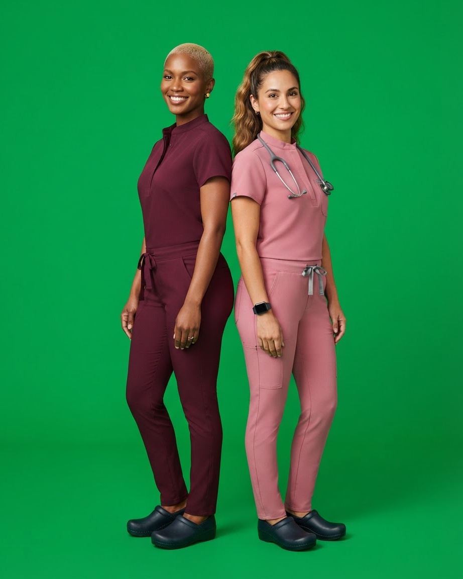 Two nurses standing back to back in burgundy and dusty rose ShiftsHappn scrub sets